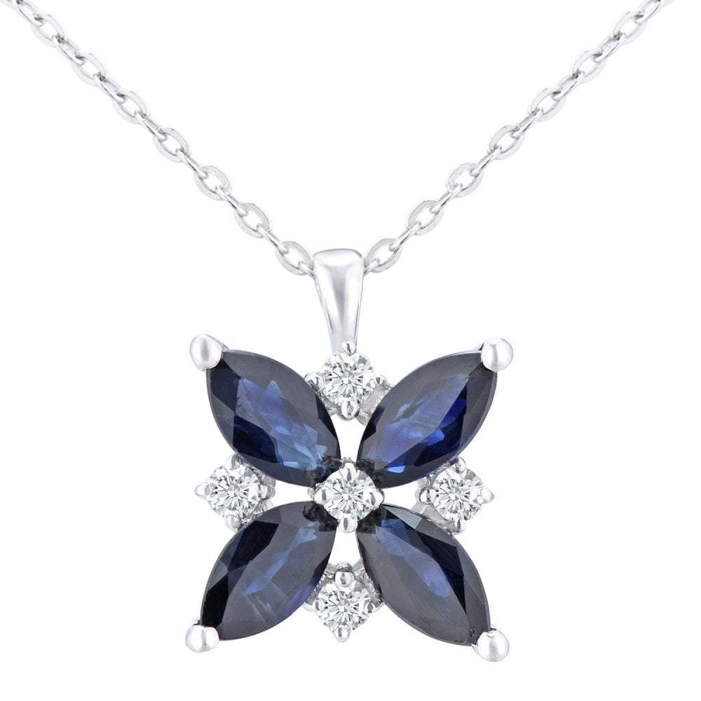 0.87 Ct Marquise Natural Blue Sapphire and Diamond Flower Necklace with Chain in 9ct White Gold Size 18 Inches