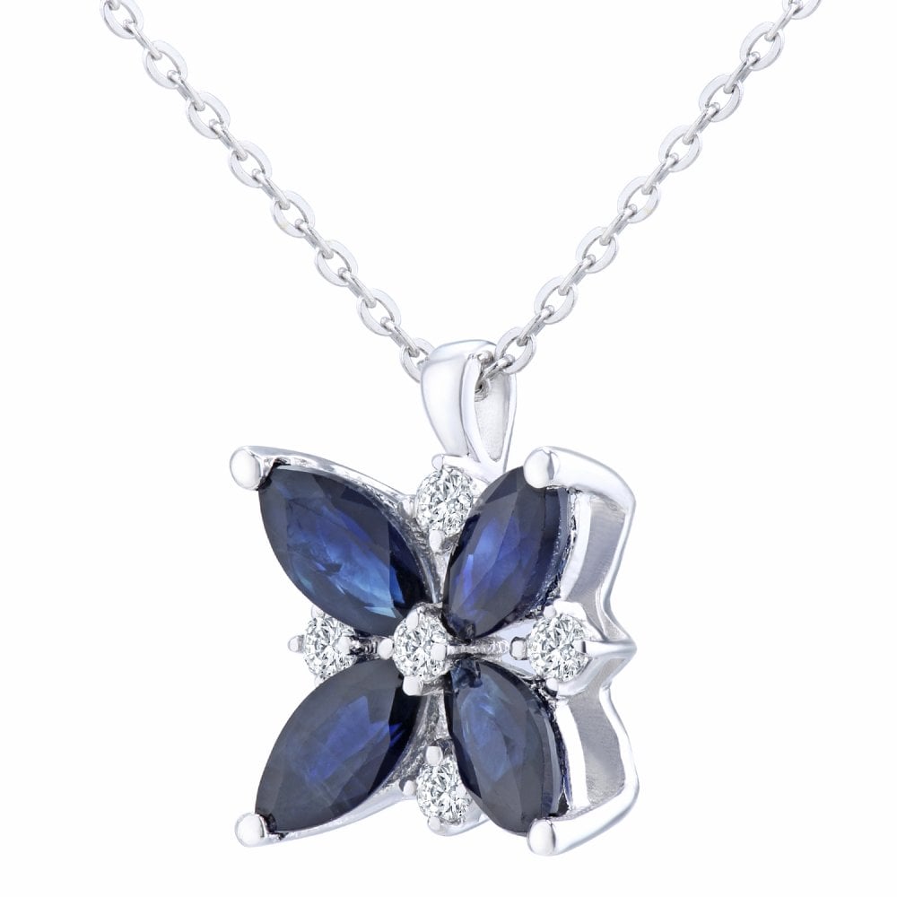 0.87 Ct Marquise Natural Blue Sapphire and Diamond Flower Necklace with Chain in 9ct White Gold Size 18 Inches