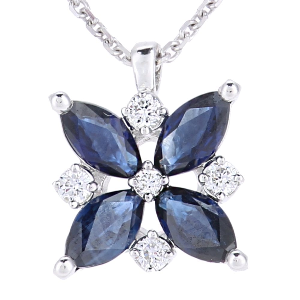 0.87 Ct Marquise Natural Blue Sapphire and Diamond Flower Necklace with Chain in 9ct White Gold Size 18 Inches