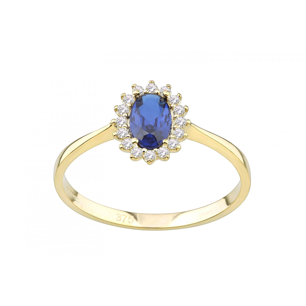 9ct Yellow Gold Sapphire Cluster Ring Oval Shape Cz Stone
