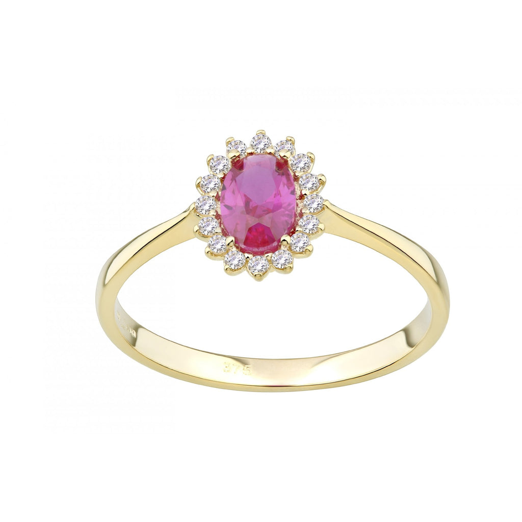 9ct Yellow Gold Ruby Cluster Ring Oval Shape Cz Stone