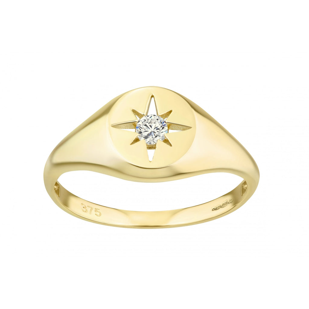9ct Yellow Gold Oval Signet Ring with Star Set Cubic Zirconia Stone