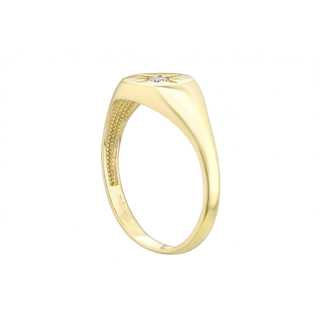 9ct Yellow Gold Oval Signet Ring with Star Set Cubic Zirconia Stone