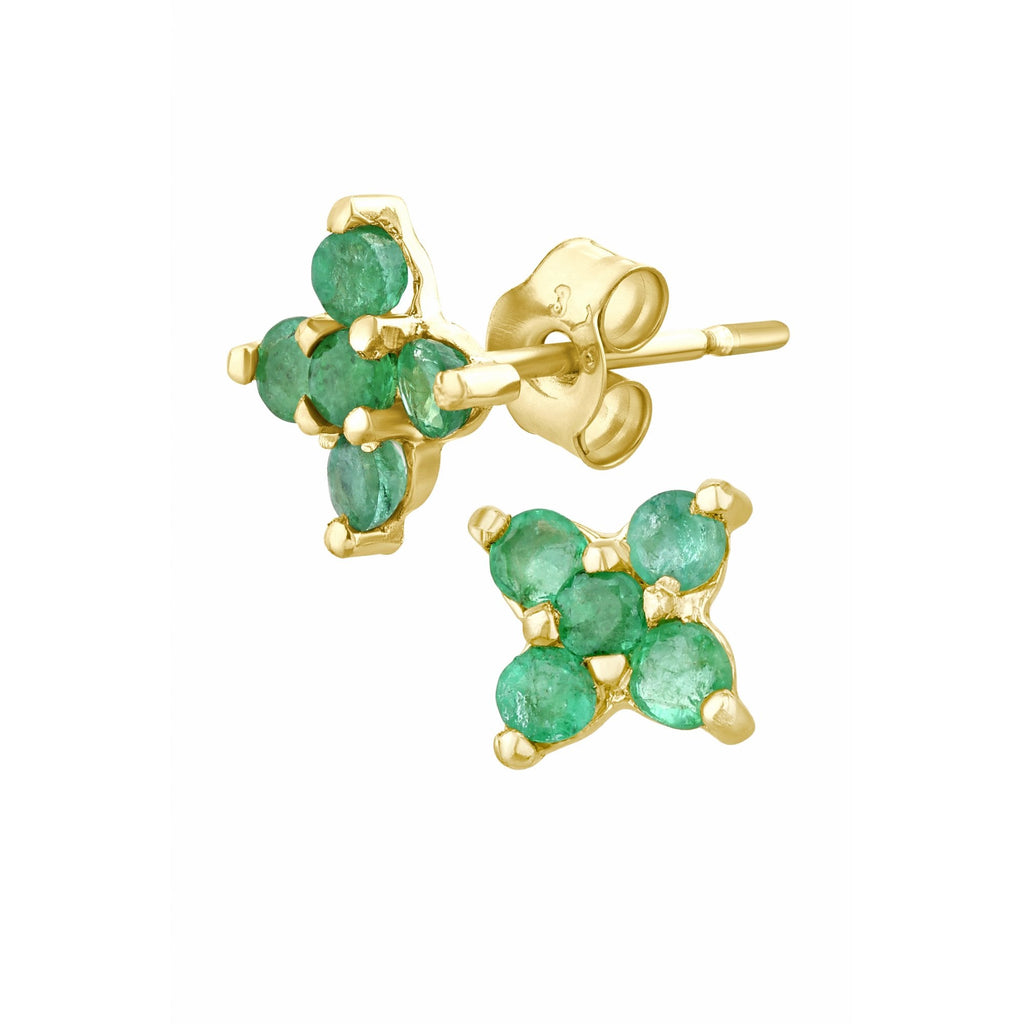 9ct Yellow Gold Round Emerald Flower Cluster Stud Earrings