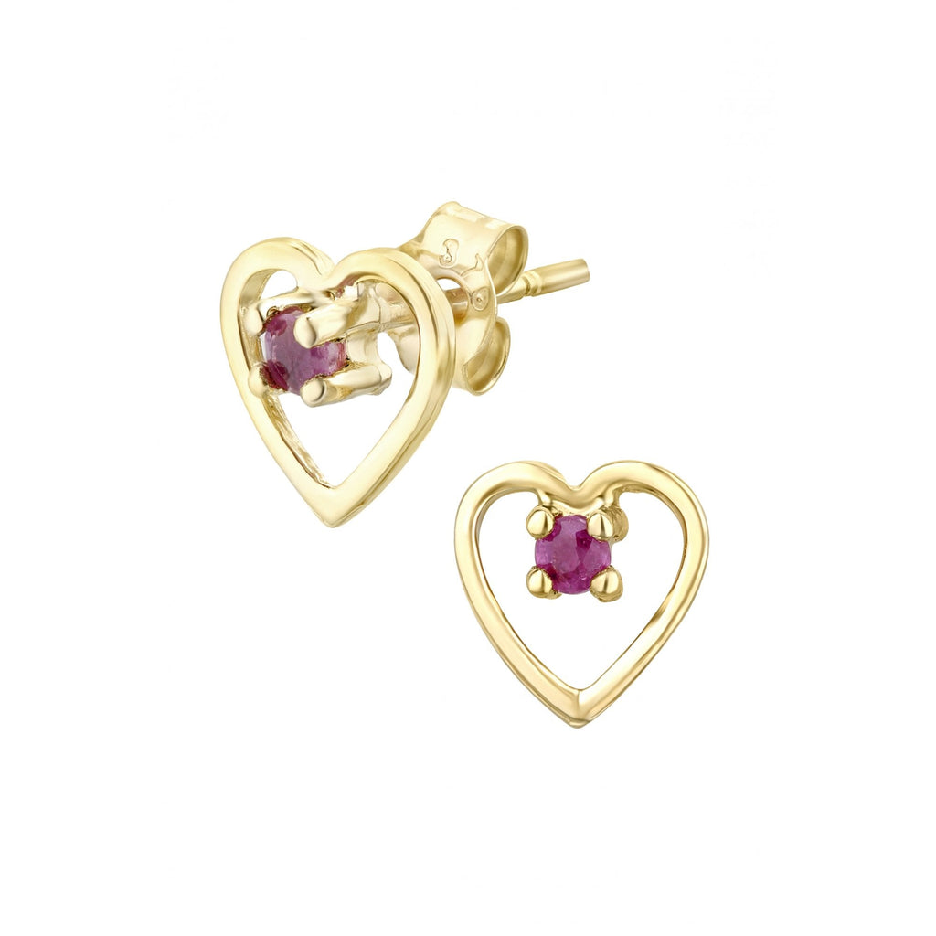 9ct Yellow Gold Round Ruby Heart Stud Earrings