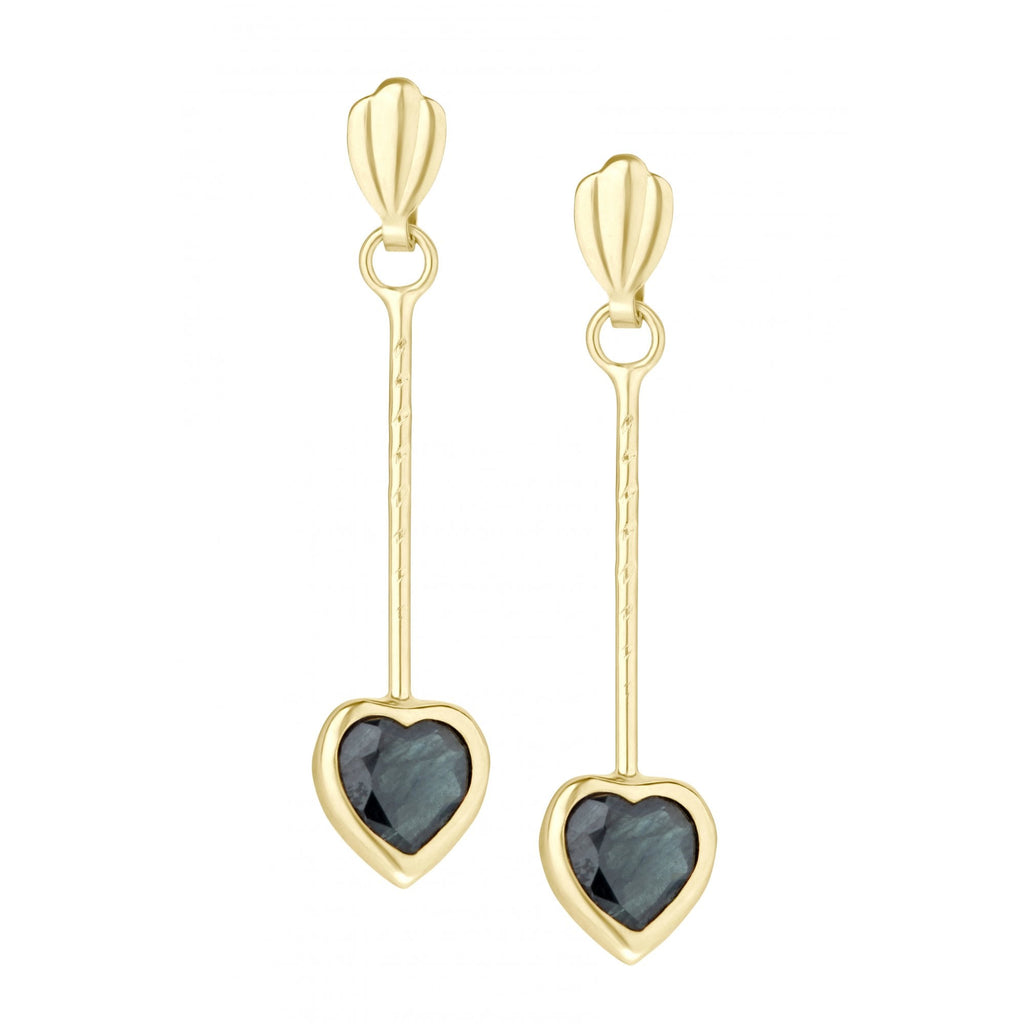 Black Sapphire and Diamond Heart Drop Earrings 9ct Yellow Gold | Prime Jewellery