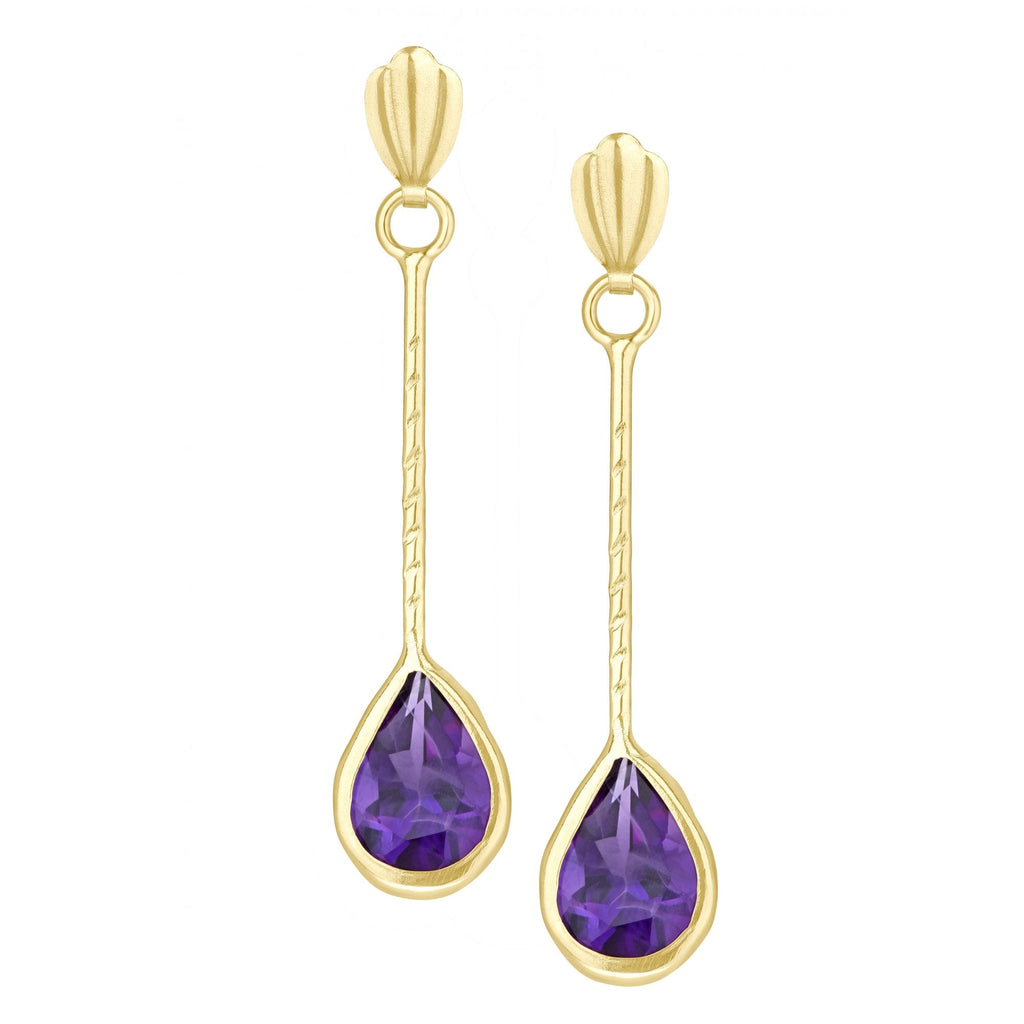 Pear Amethyst Stick Drop Earrings 9ct Yellow Gold | Prime Jewellery