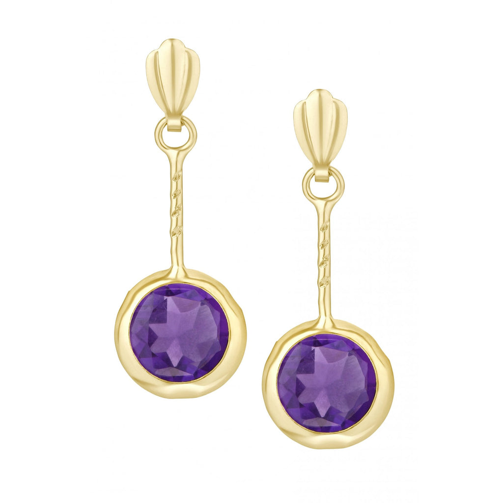 Round Amethyst Stick Drop Earrings 9ct Yellow Gold | Prime Jewellery