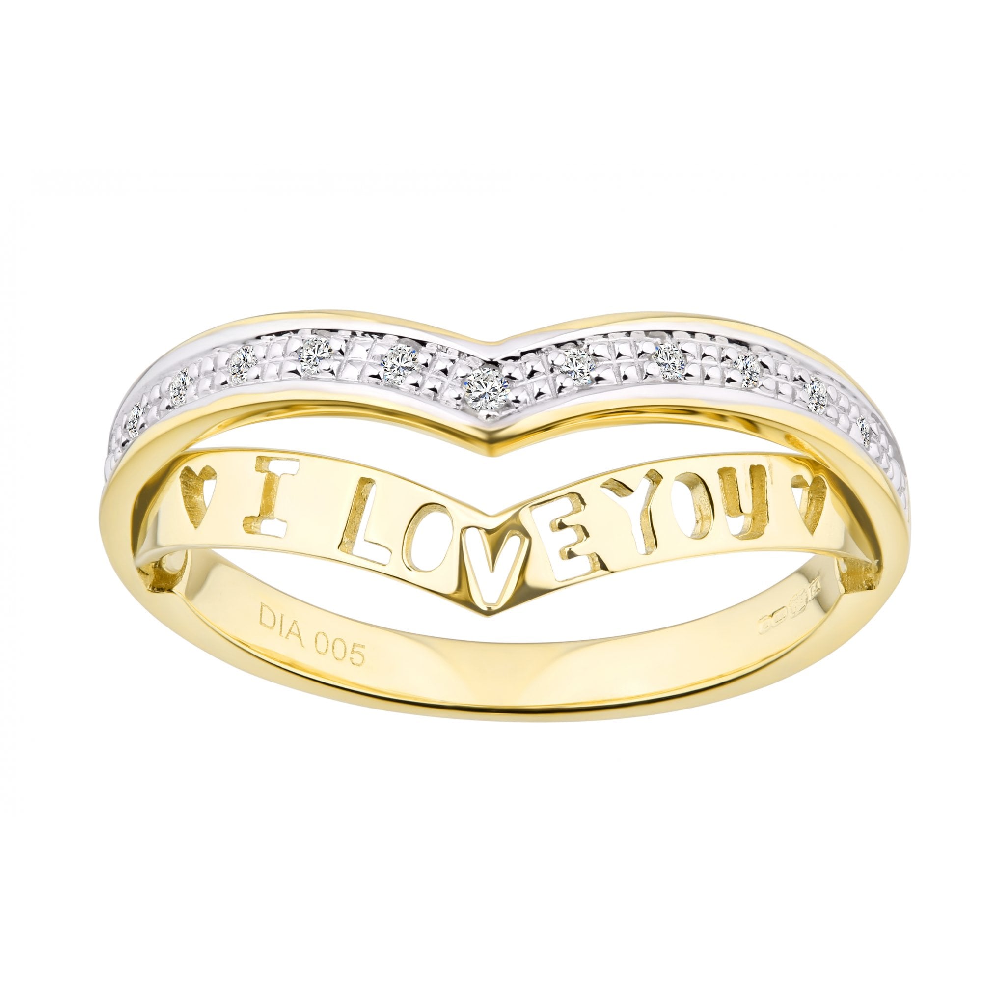 9ct Gold Natural Diamond I Love You Wishbone Ring with Hidden Message