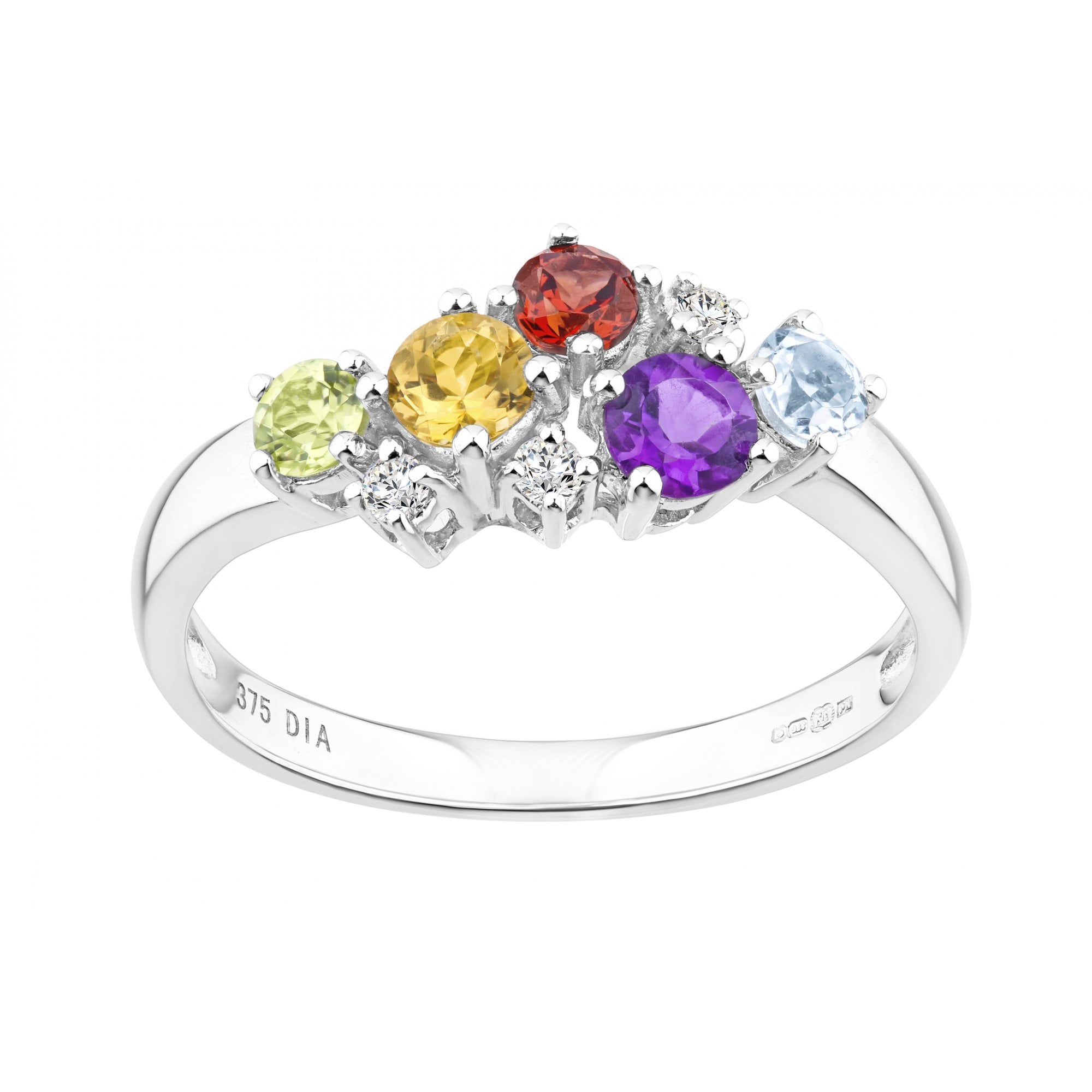 Ladies 9ct White Gold 0.06ct Diamond and Multi Gem Stone Dress Ring