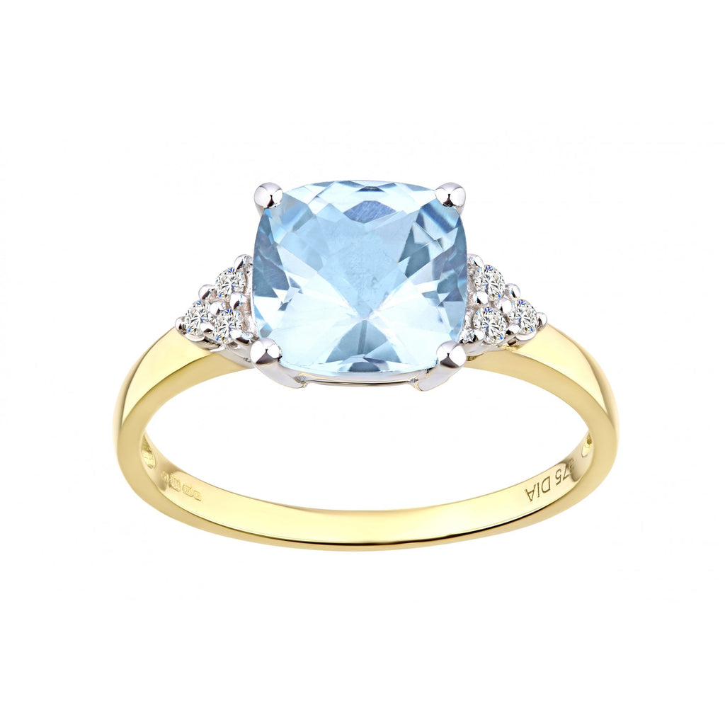 9ct Yellow Gold 2.65 Carat Sky Blue Topaz Cushion Solitaire Engagement Ring