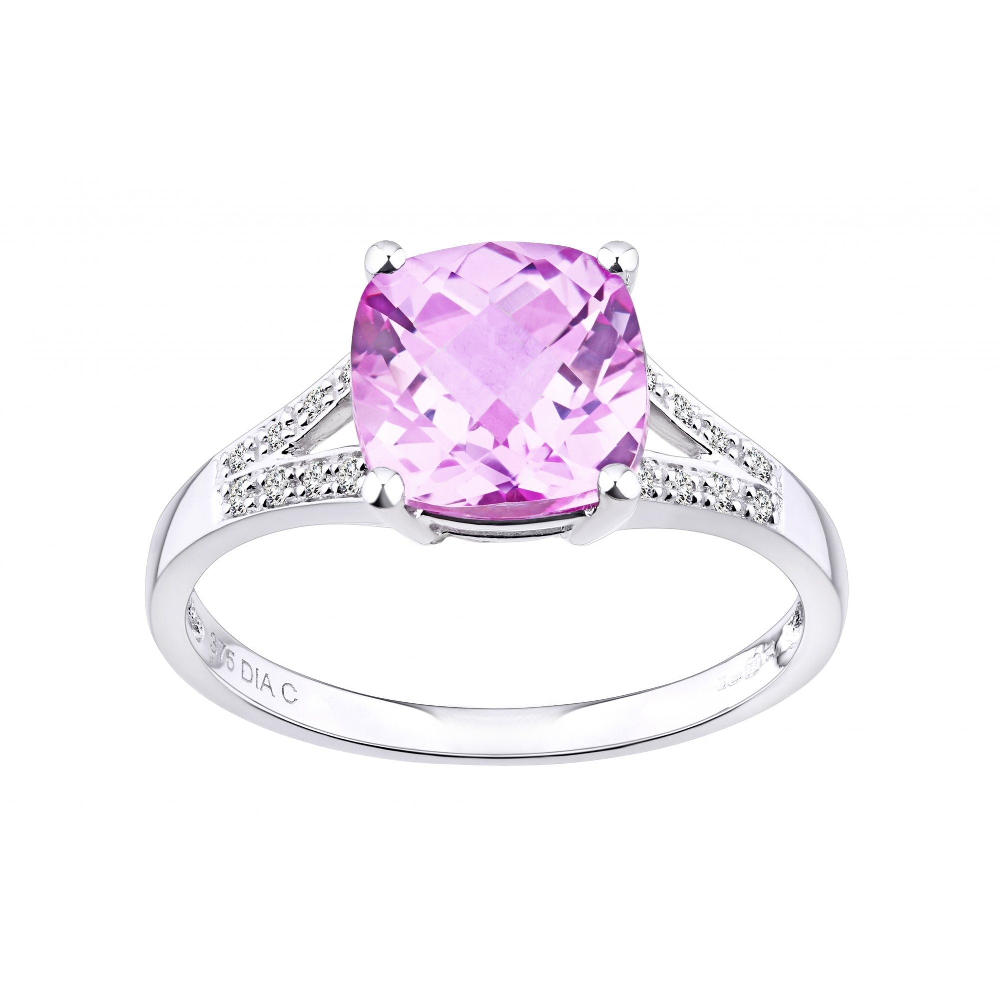 9ct White Gold Created Pink Sapphire Ring With 0.07ct Diamond Shoulders