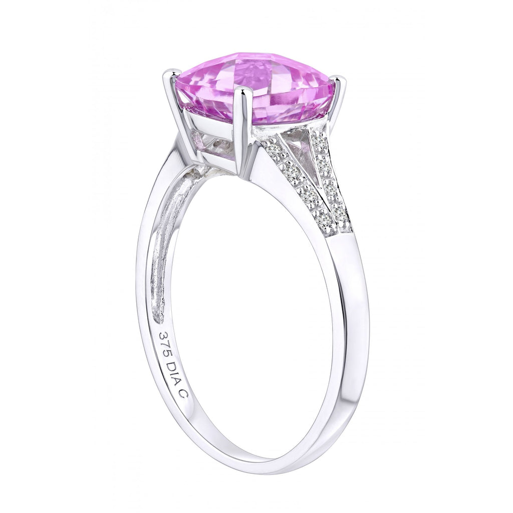 9ct White Gold Created Pink Sapphire Ring With 0.07ct Diamond Shoulders