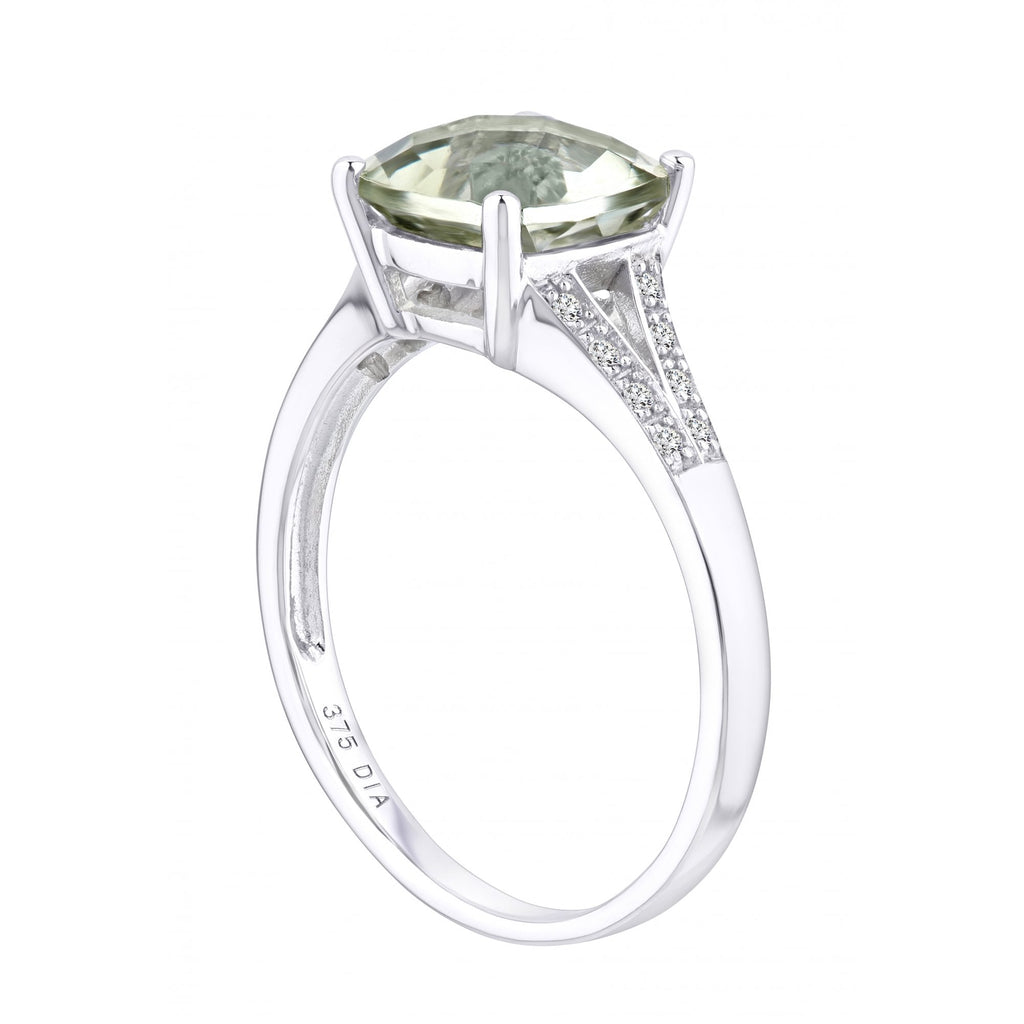 9ct White Gold Green Amethyst and Diamond Ring