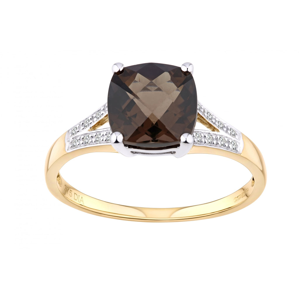 9ct Yellow Gold Cushion Cut Smokey Ring Wth 0.07ct Diamond Shoulders