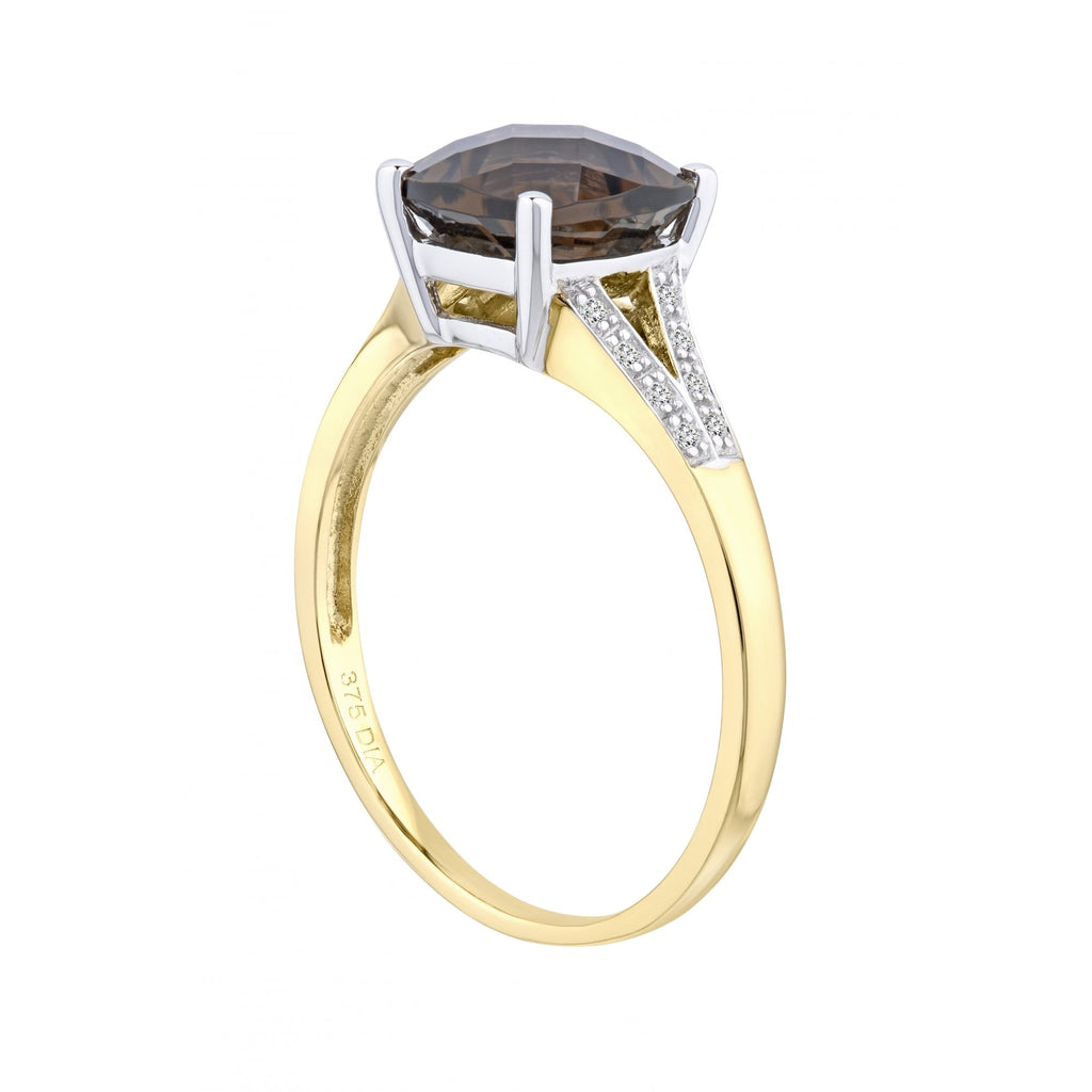 9ct Yellow Gold Cushion Cut Smokey Ring Wth 0.07ct Diamond Shoulders