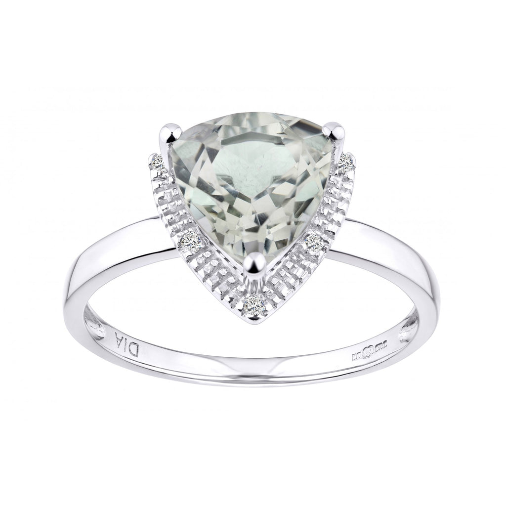 9ct White Gold Triangular Cut Green Amethyst And 0.025ct Diamond Ring