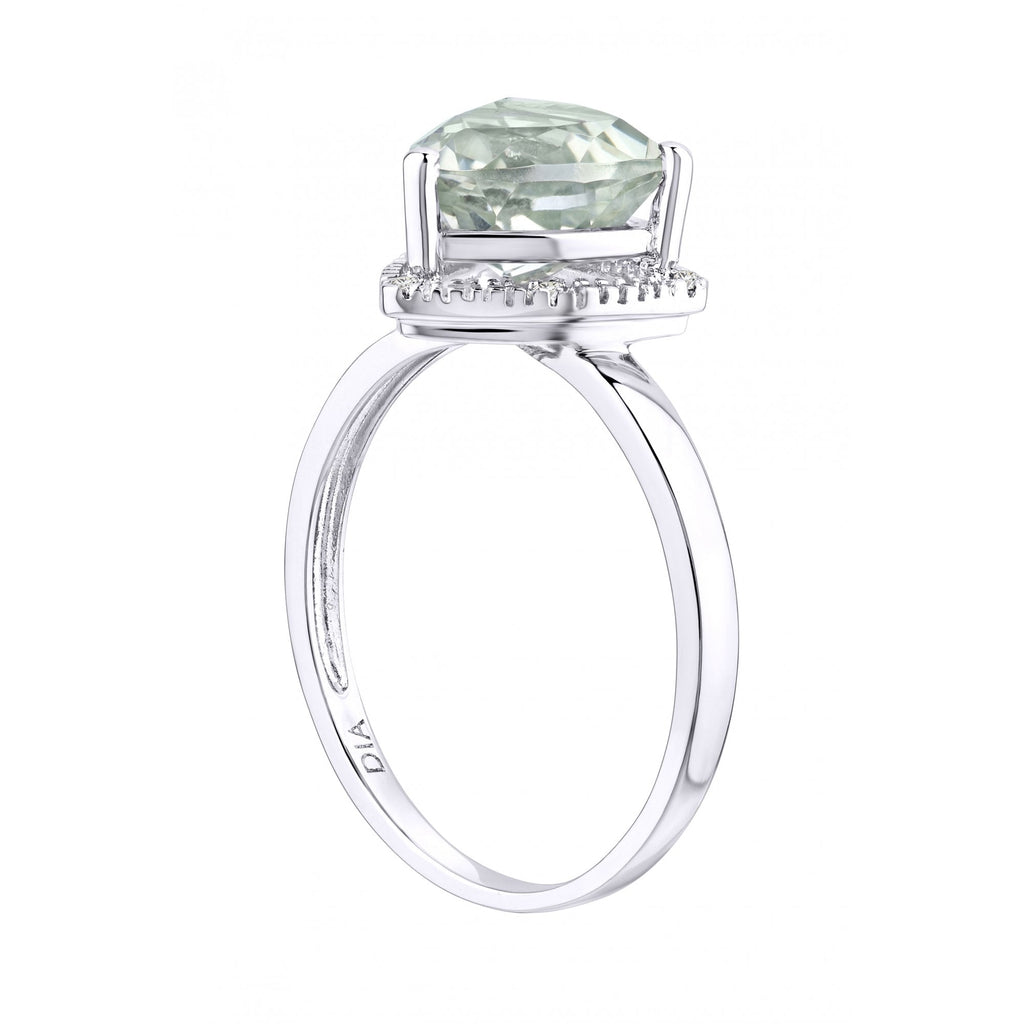 9ct White Gold Triangular Cut Green Amethyst And 0.025ct Diamond Ring
