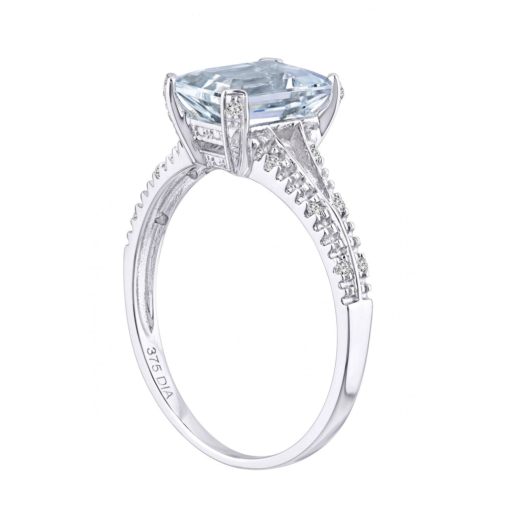 9ct White Gold Emerald Cut Aquamarine Ring With 0.07ct Diamond Shoulders