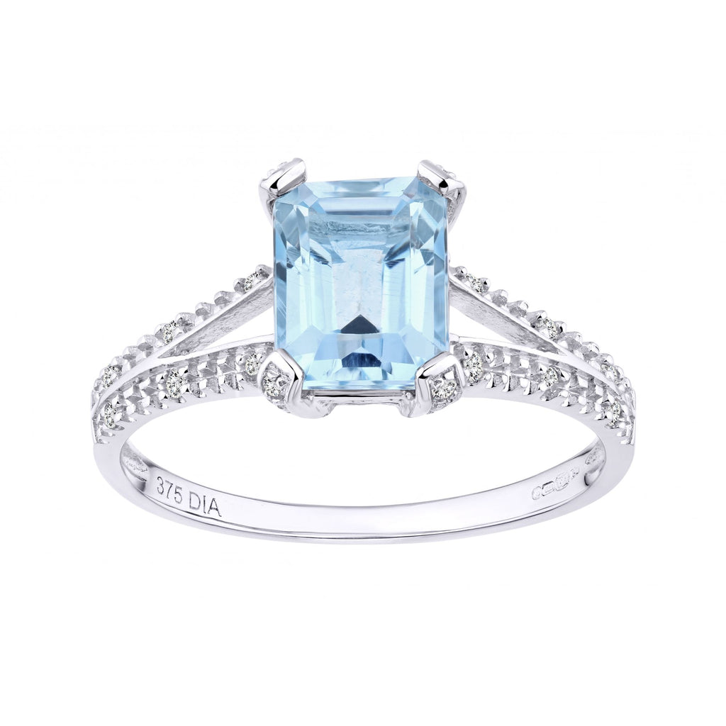 9ct White Gold 2 Carat Sky Blue Topaz Octagon and Dimaond Split Shank Engagement Ring