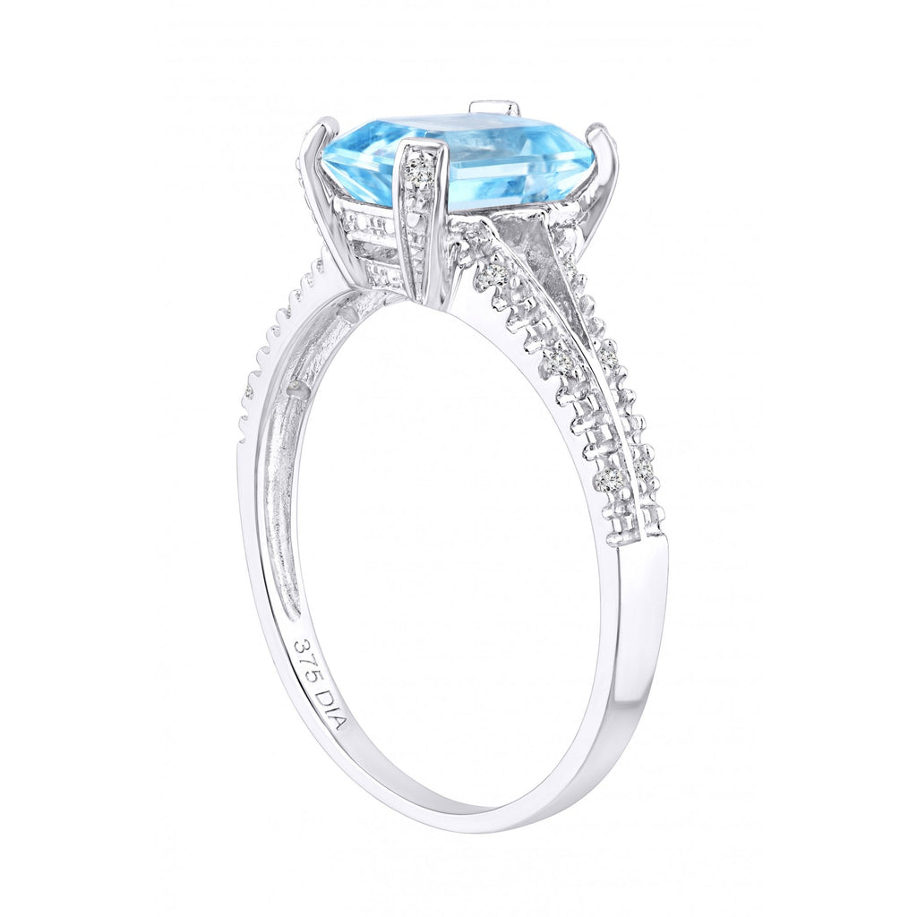 9ct White Gold 2 Carat Sky Blue Topaz Octagon and Dimaond Split Shank Engagement Ring