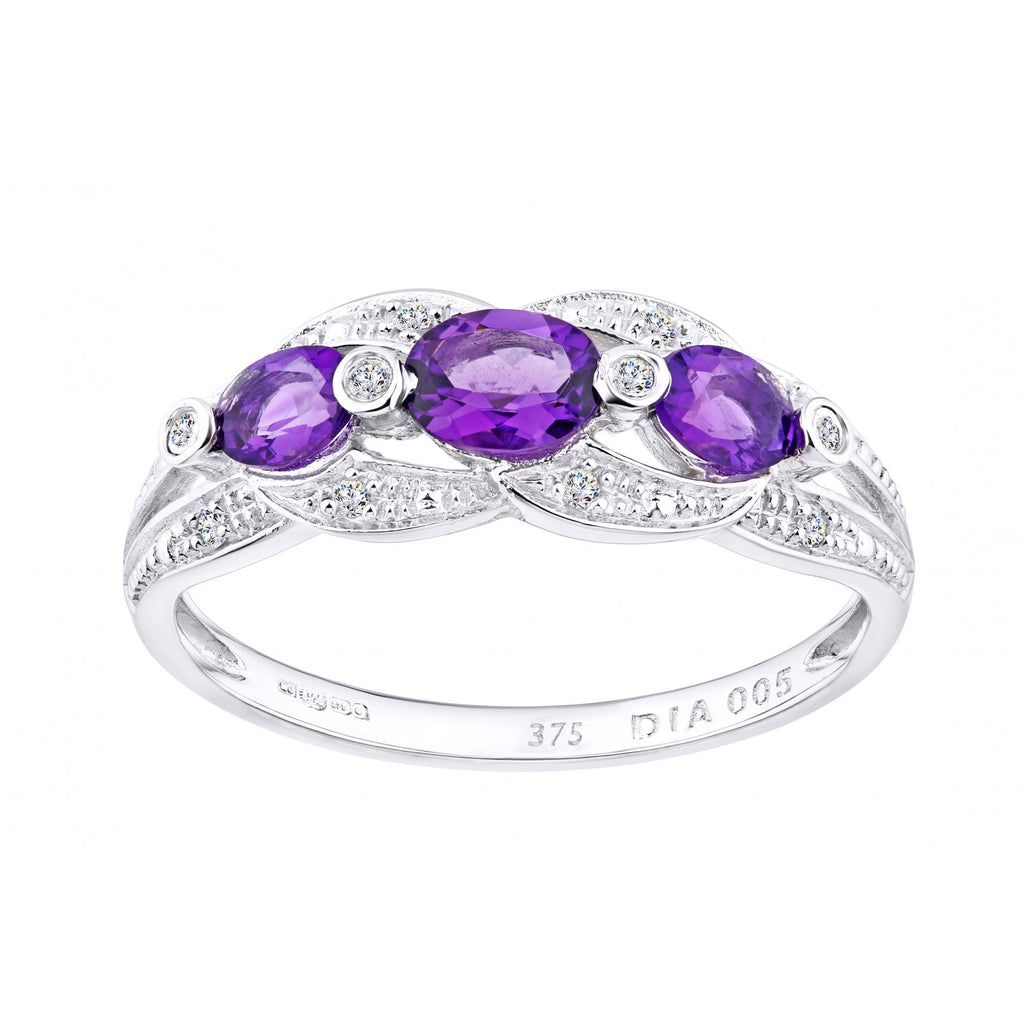 9ct White Gold Amethyst And 0.05ct Diamond Fig 8 Design Ring