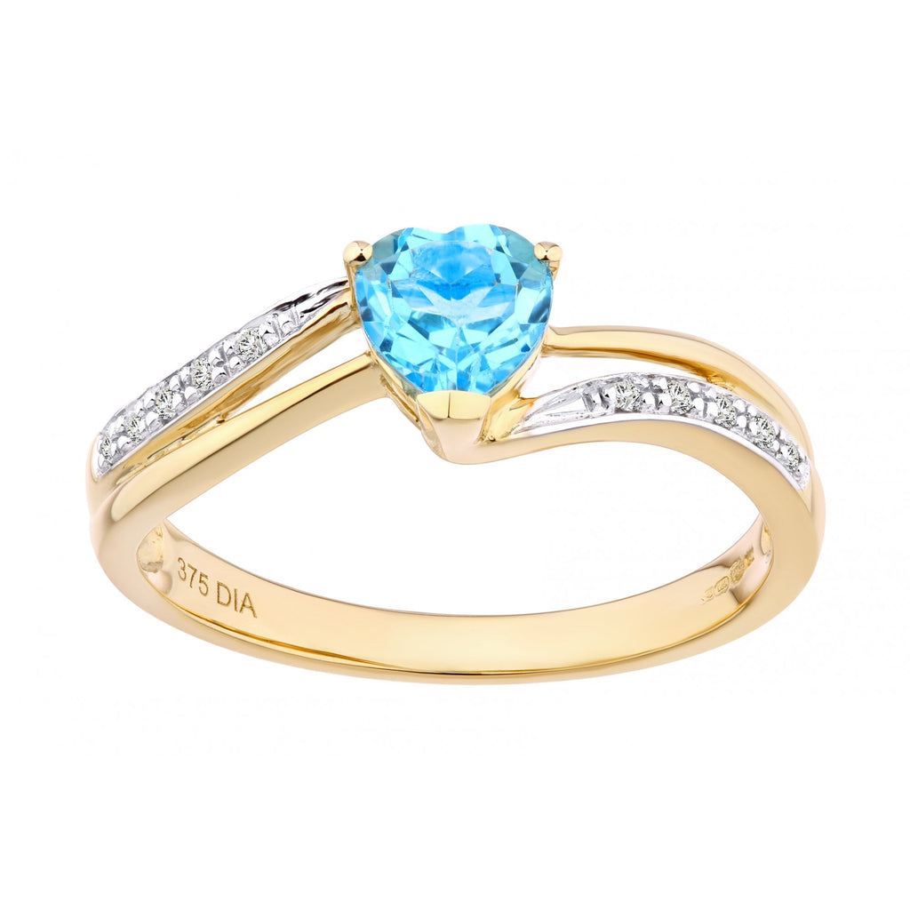 Ladies 9ct Yellow Gold 0.05ct Diamond and Heart Blue Topaz Ring