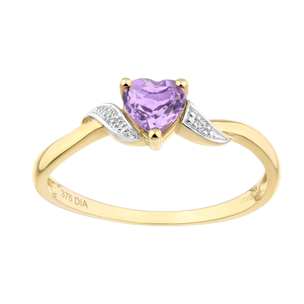 9ct Yellow Gold Amethyst And 0.01ct Diamond Heart Ring
