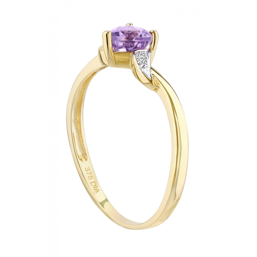 9ct Yellow Gold Amethyst And 0.01ct Diamond Heart Ring