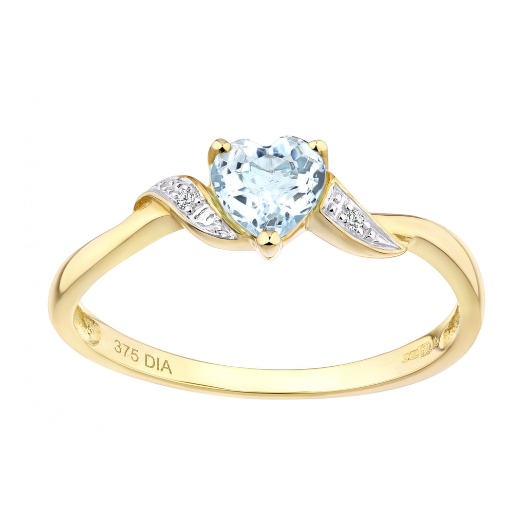 9ct Yellow Gold Sky Blue Topaz and Diamond Heart Solitaire Engagement Ring
