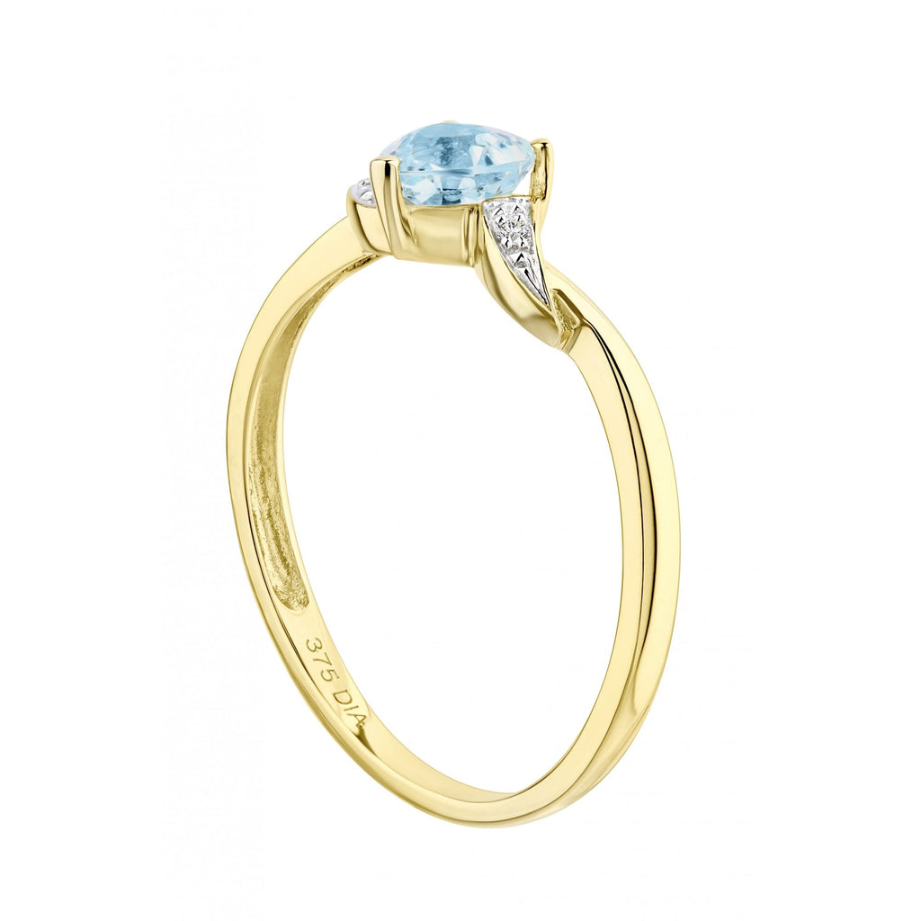 9ct Yellow Gold Sky Blue Topaz and Diamond Heart Solitaire Engagement Ring