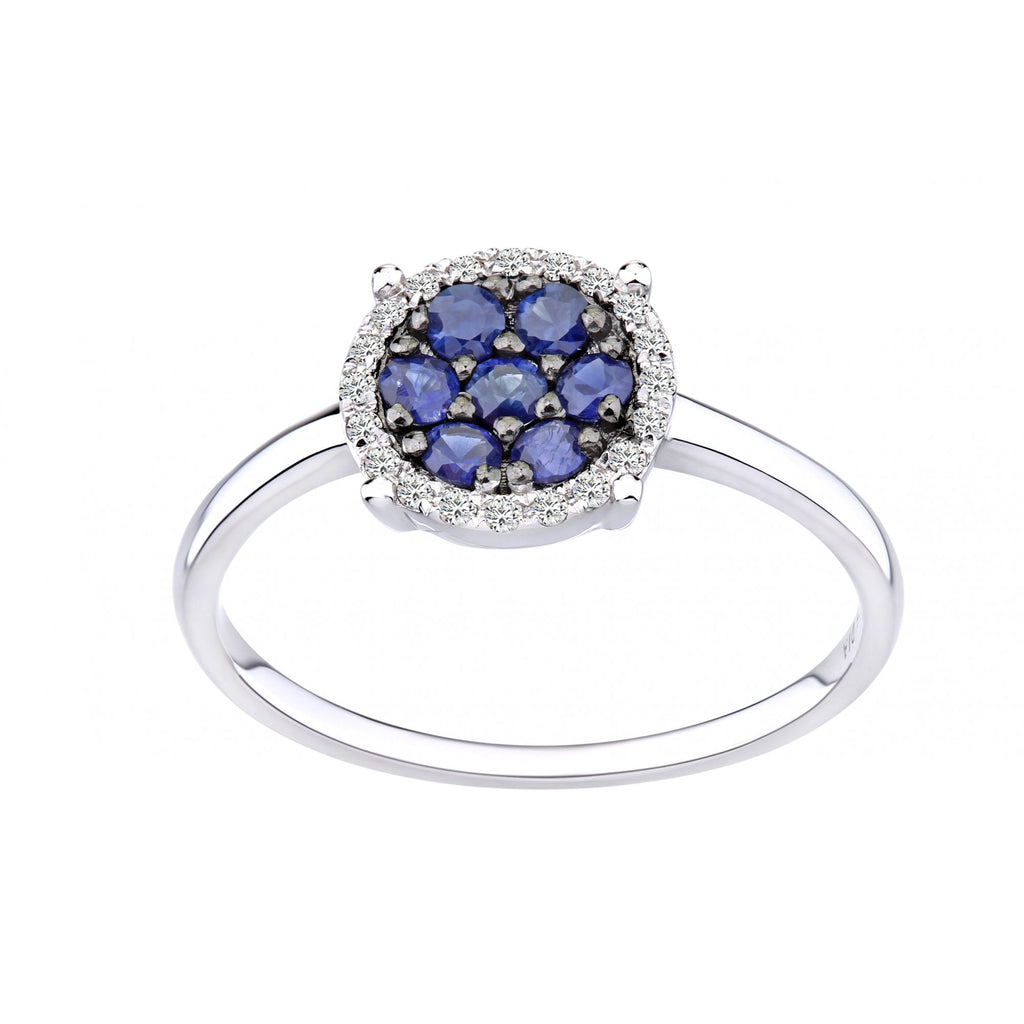 Round Natural Blue Sapphire and Diamond Disc Cluster Ring in 9ct White Gold