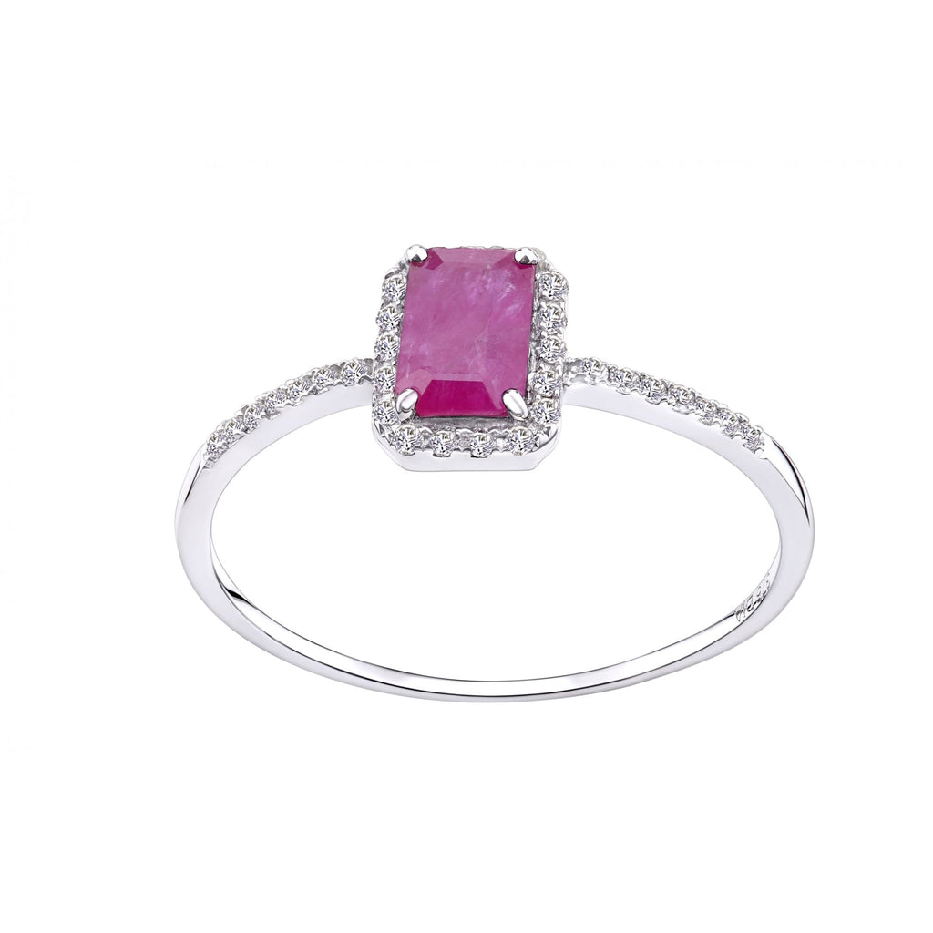 18ct White Gold Octagon Ruby and 0.10ct Diamond Cluster Ring