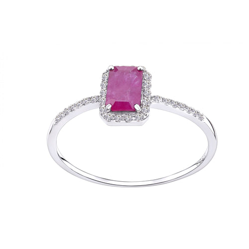 18ct White Gold Octagon Ruby and 0.10ct Diamond Cluster Ring