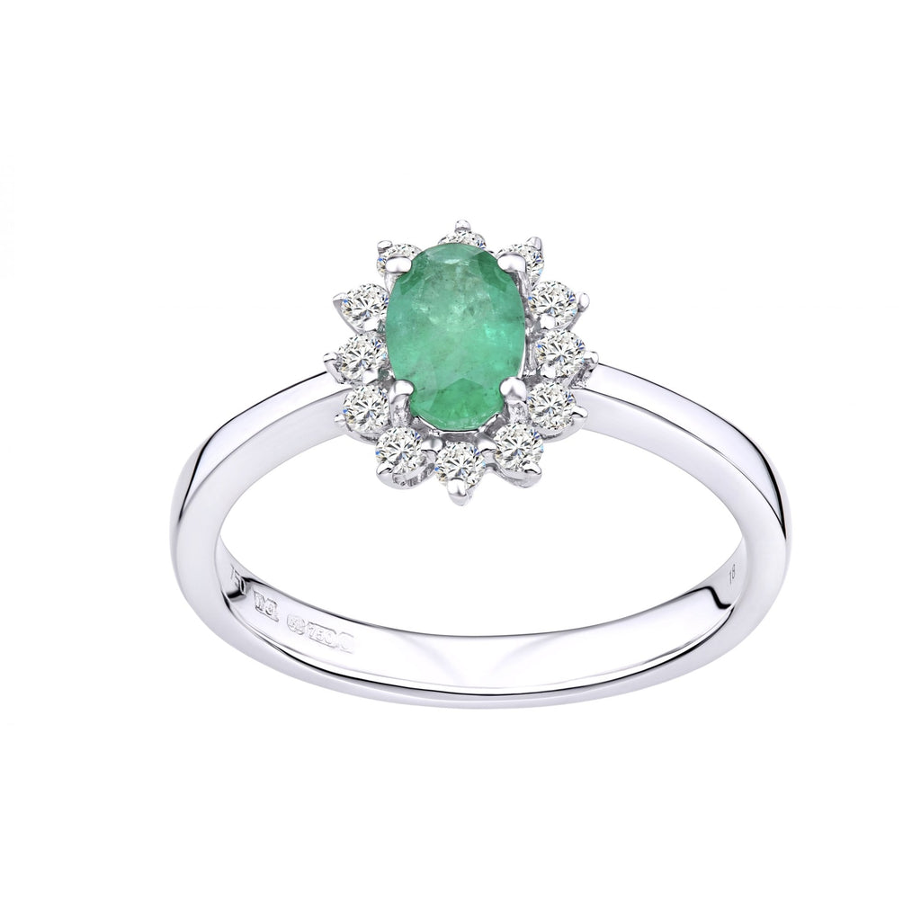 18ct White Gold 0.50ct Oval Emerald and 0.15ct Diamond Starburst Halo Ring