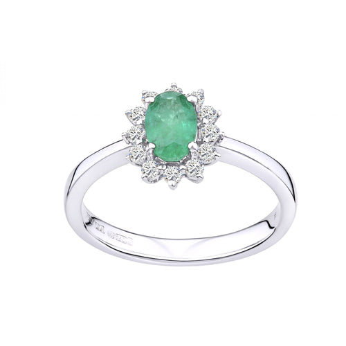 18ct White Gold 0.50ct Oval Emerald and 0.15ct Diamond Starburst Halo Ring