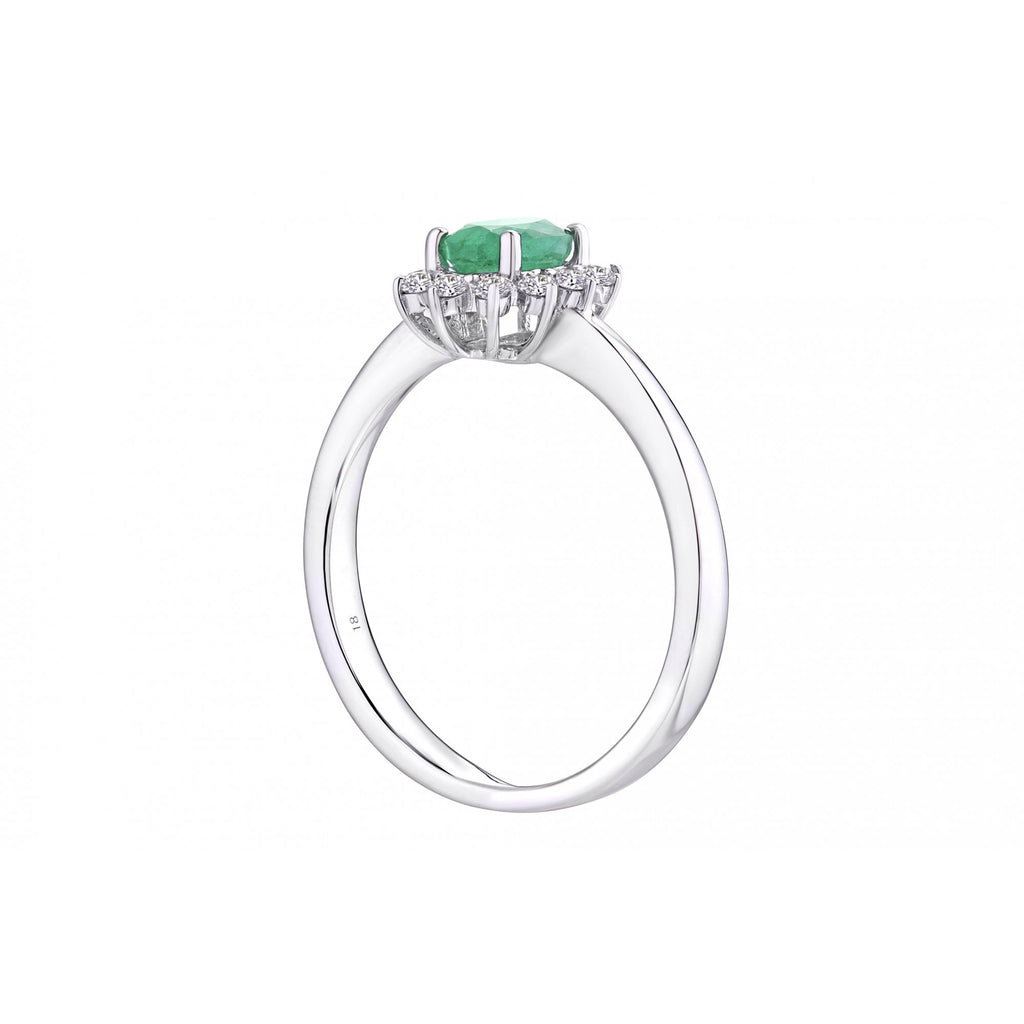 18ct White Gold 0.50ct Oval Emerald and 0.15ct Diamond Starburst Halo Ring