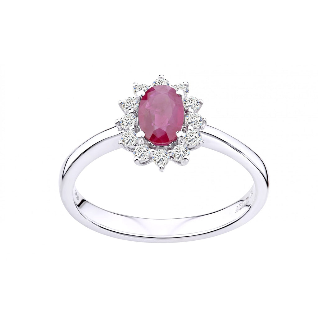 18ct White Gold Oval Ruby and 0.15ct Diamond Cluster Ring