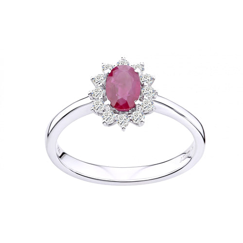18ct White Gold Oval Ruby and 0.15ct Diamond Cluster Ring