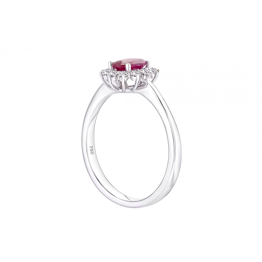 18ct White Gold Oval Ruby and 0.15ct Diamond Cluster Ring