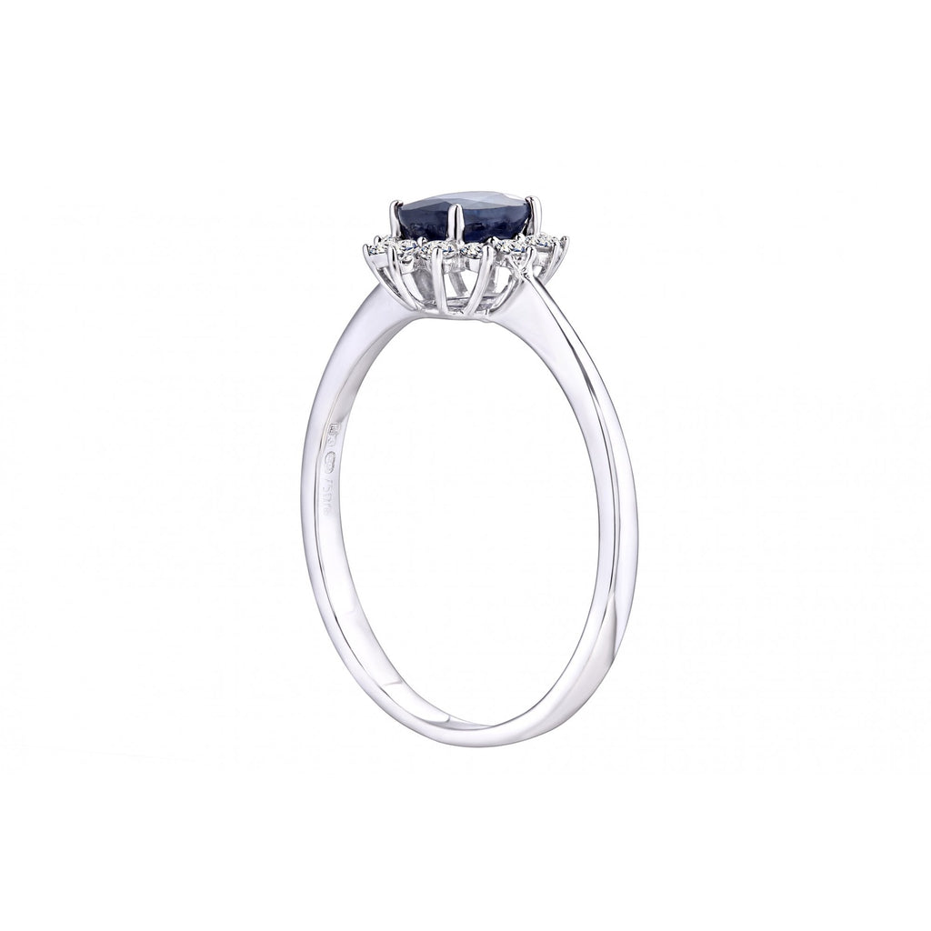 0.8 Ct Oval Natural Blue Sapphire and Diamond Solitaire Halo Ring in 18ct White Gold
