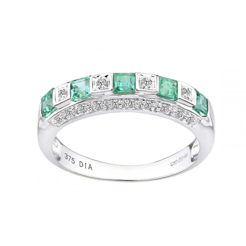 9ct White Gold 0.45ct Square Emerald  & 0.10ct Diamond Eternity Ring
