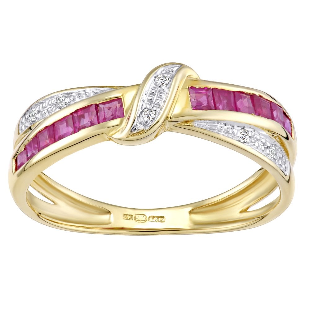 9ct Yellow Gold Ruby And 0.025ct Diamond Bow Ring