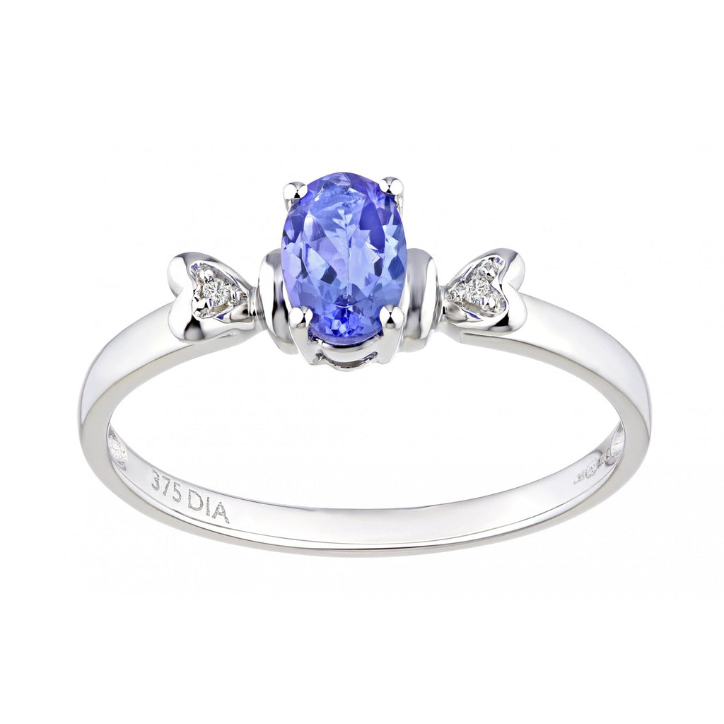 9ct White Gold Tanzanite Ring With 0.01ct Diamond Set Heart Shoulders