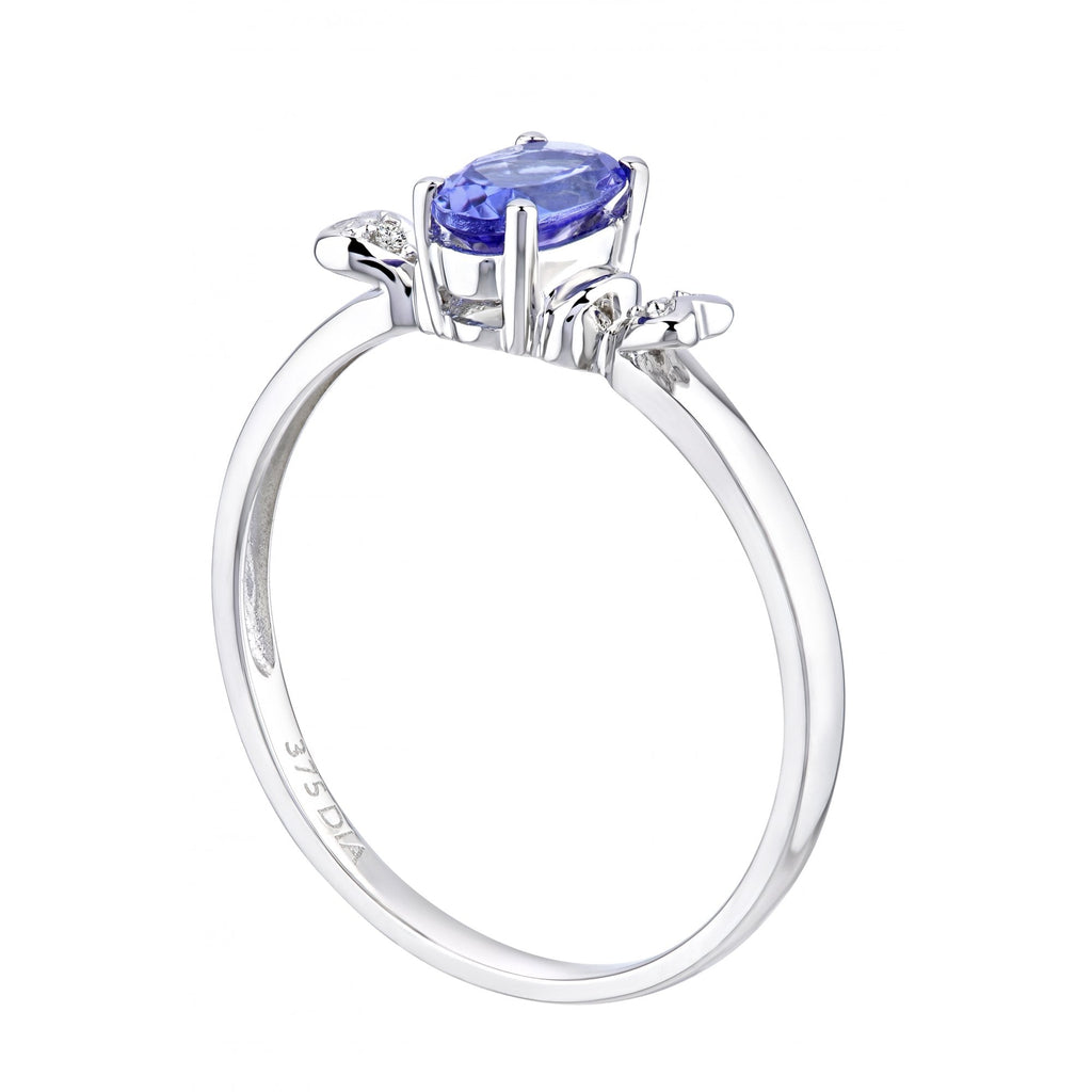 9ct White Gold Tanzanite Ring With 0.01ct Diamond Set Heart Shoulders