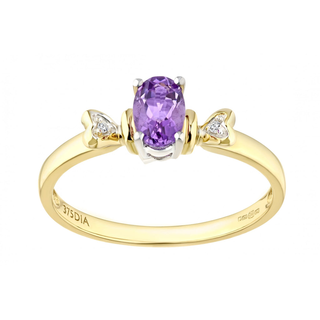 9ct Yellow Gold Amethyst Ring With 0.01ct Diamond Set Heart Shoulders