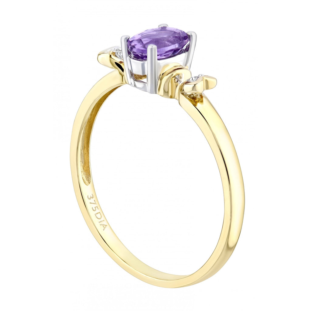 9ct Yellow Gold Amethyst Ring With 0.01ct Diamond Set Heart Shoulders