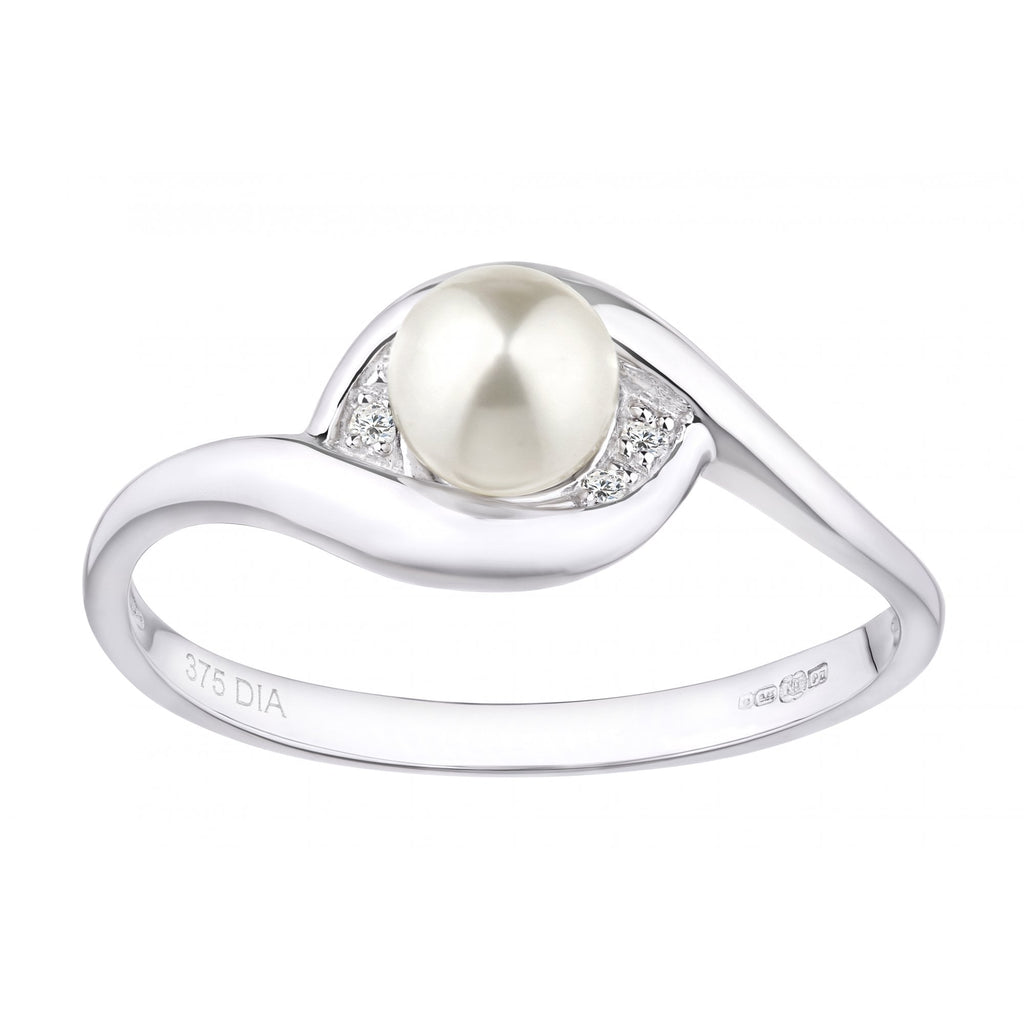 9ct White Gold 0.02ct Diamond And Cultured Pearl Crossover Ring