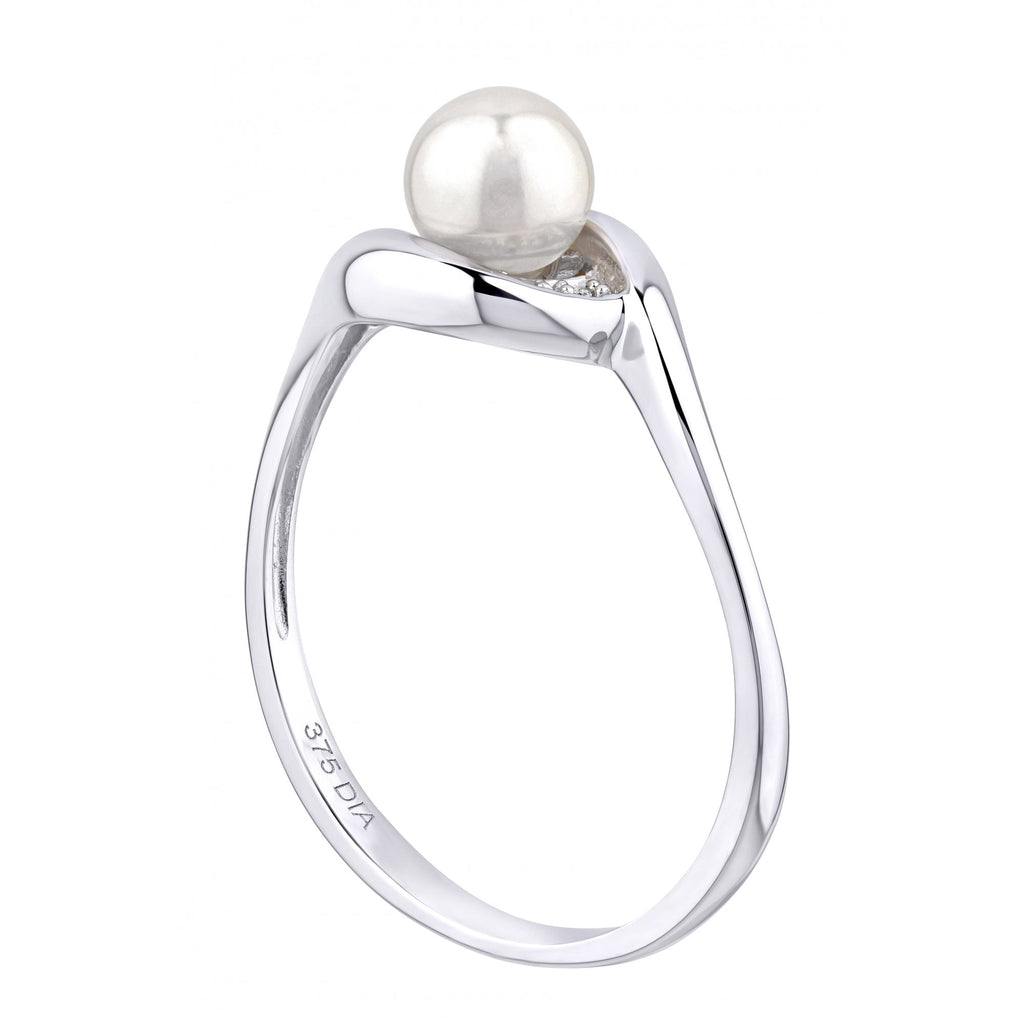 9ct White Gold 0.02ct Diamond And Cultured Pearl Crossover Ring
