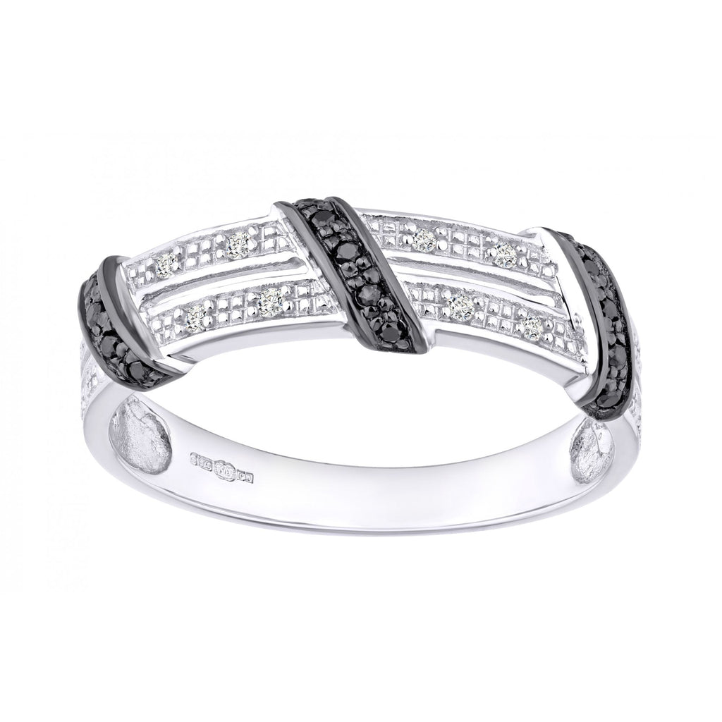 9ct White Gold 0.12 Carat Natural Black and White Diamond Crossover Eternity Ring